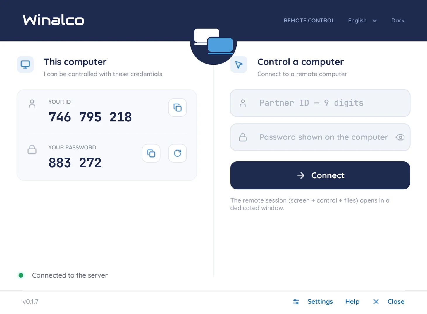 Home screen of the Winalco Remote application. On the left, “This computer” shows the ID 746 795 218 and the password 883 272. On the right, “Control a computer” offers the ID and password fields and the “Connect” button.