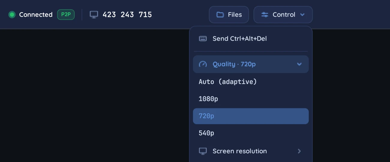 Winalco Remote session bar: live “Connected” status (P2P), computer ID, “Files” and “Control” buttons. The “Control” menu is open on “Send Ctrl+Alt+Del” and the quality choice: Auto (adaptive), 1080p, 720p or 540p.
